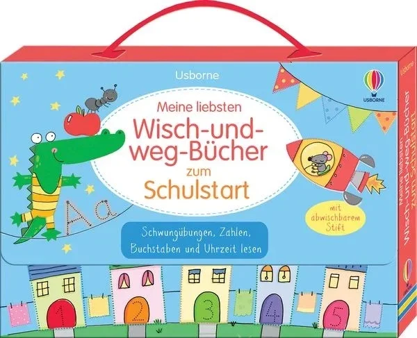 Meine liebsten Wisch-und-weg-Bücher zum Schulstart vom Usborne Verlag_Schwungübungen, Zahlen, Buchstaben und Uhrzeit lesen mit abwischbarem Stift