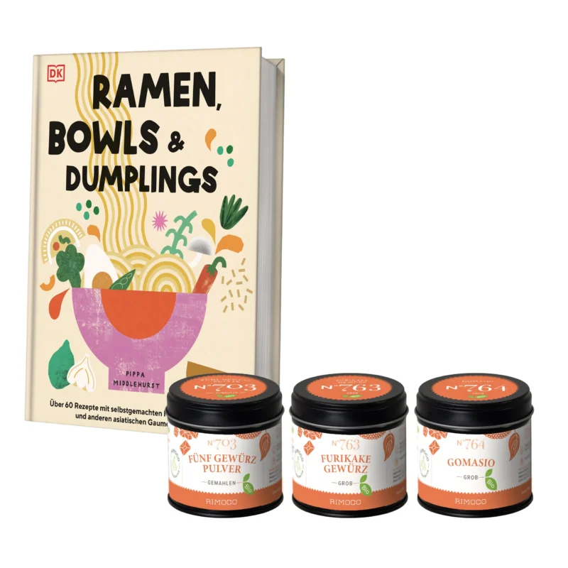 Geschenkset Ramen, Bowls & Dumplings in Verpackung mit drei Gewürzgläsern.