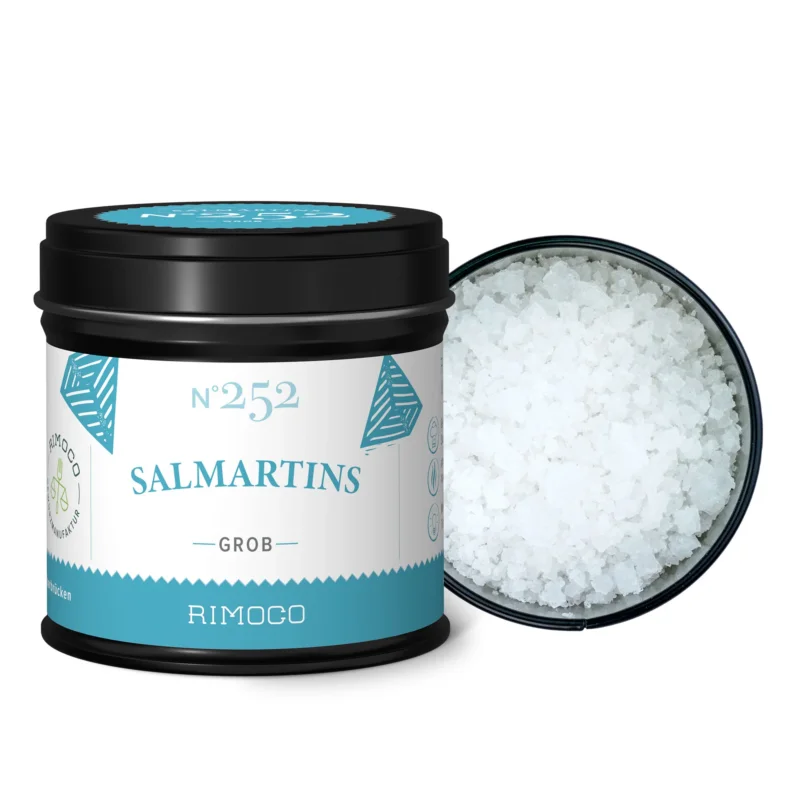 SalMartins - Meersalz aus Portugal, grobes portugiesisches Meersalz ist aus einer geöffneten Dose zu sehen.