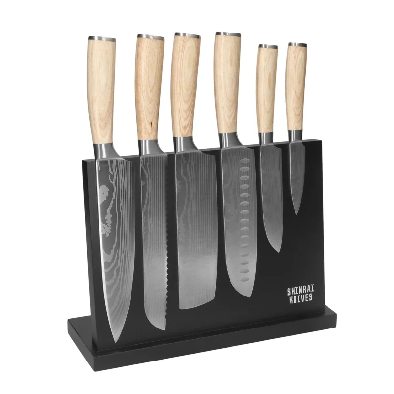 Shinrai Knives - Akari Damascus Print 6-delige Messenset + Magnetisch Messenblok Enkelzijdig - Zwart Messenset met blok Shinrai Knives