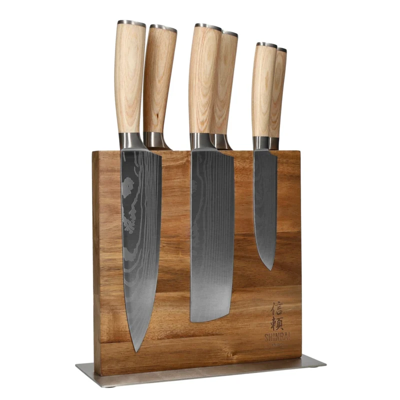 Shinrai Knives - Akari Damascus Print 6-delige Messenset + Messenblok Cito Dubbelzijdig Messenset met blok Shinrai Knives