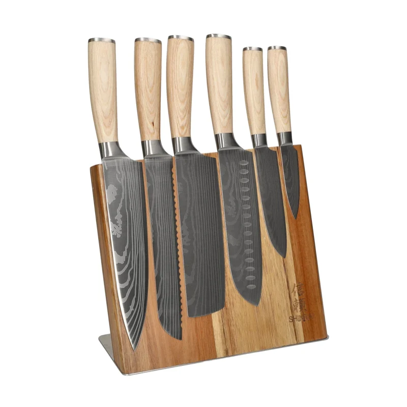 Shinrai Knives - Akari Damascus Print 6-delige Messenset + Messenblok Cito Enkelzijdig Messenset met blok Shinrai Knives
