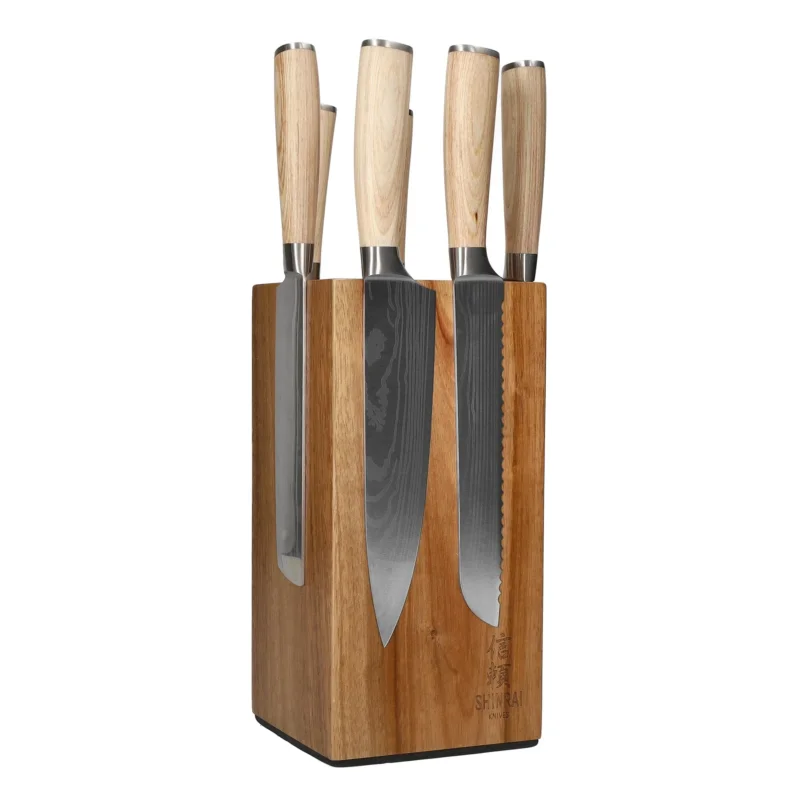 Shinrai Knives - Akari Damascus Print 6-delige Messenset + Messenblok Robur Messenset met blok Shinrai Knives