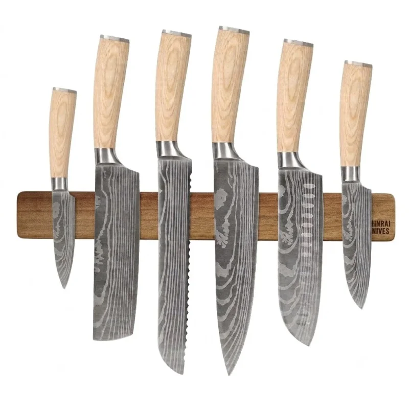 Shinrai Knives - Akari Damascus Print 6-delige Messenset + Messenmagneet Muurstrip - Acaciahout Messenset met blok Shinrai Knives