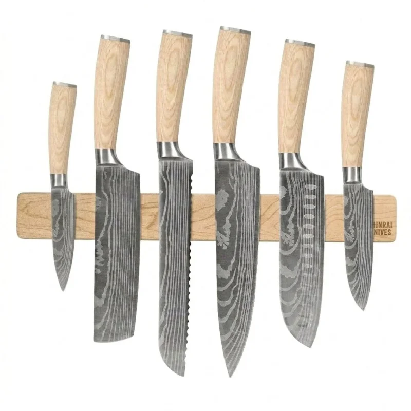 Shinrai Knives - Akari Damascus Print 6-delige Messenset + Messenmagneet Muurstrip - Esdoornhout Messenset met blok Shinrai Knives