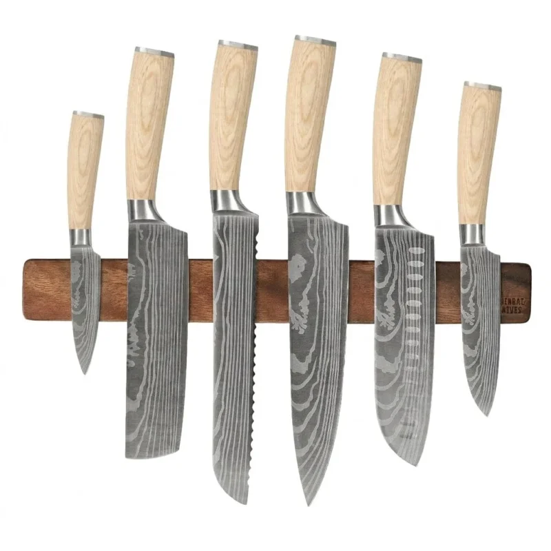 Shinrai Knives - Akari Damascus Print 6-delige Messenset + Messenmagneet Muurstrip - Walnotenhout Messenset met blok Shinrai Knives