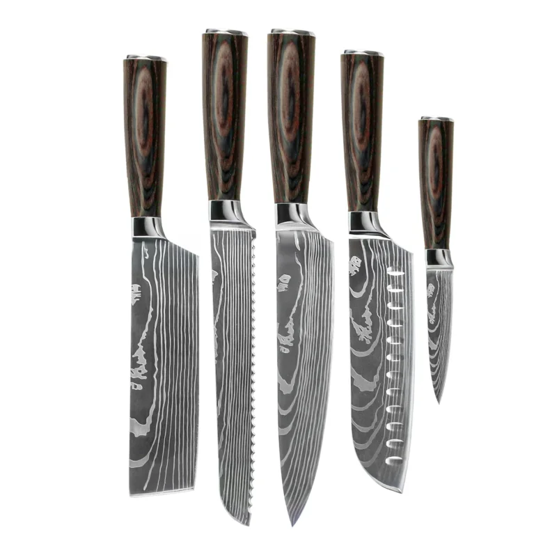Shinrai Knives - Damascus Print 5-delige Messenset - Koksmes + Broodmes + Nakiri + Santoku + Schilmes Messenset Shinrai Knives