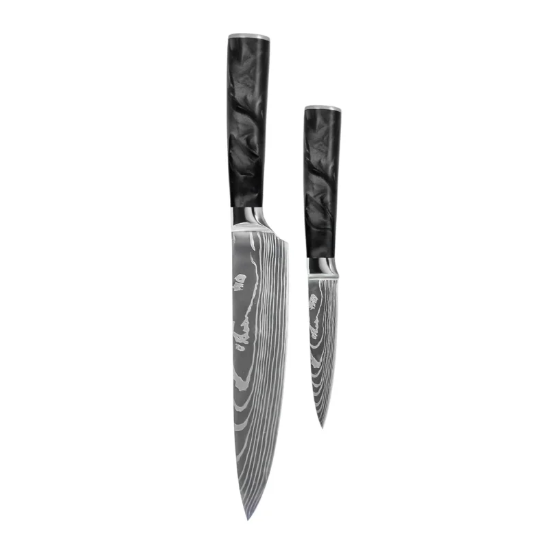 Shinrai Knives - Damascus Print Epoxy Onyx 2-delige Messenset - Koksmes + Schilmes Messenset Shinrai Knives
