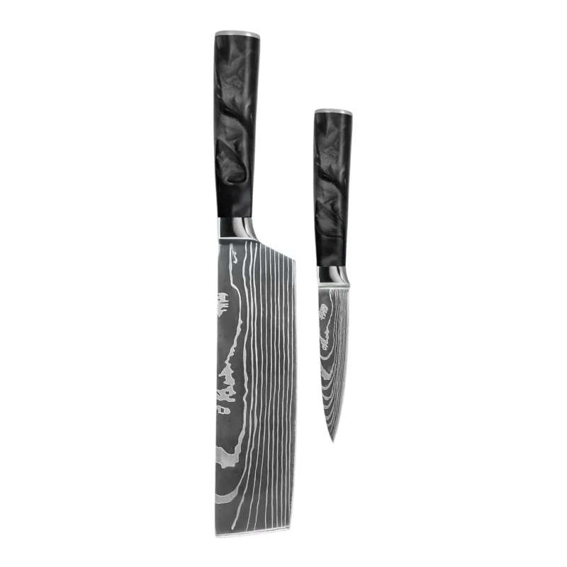 Shinrai Knives - Damascus Print Epoxy Onyx 2-delige Messenset - Nakiri + Schilmes Messenset Shinrai Knives