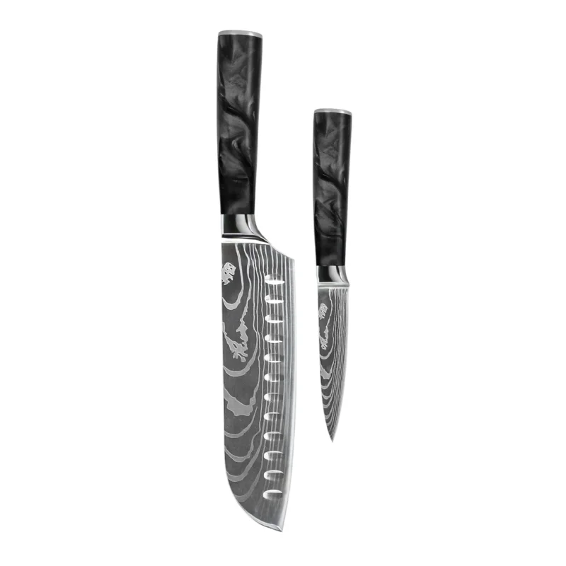 Shinrai Knives - Damascus Print Epoxy Onyx 2-delige Messenset - Santoku + Schilmes Messenset Shinrai Knives