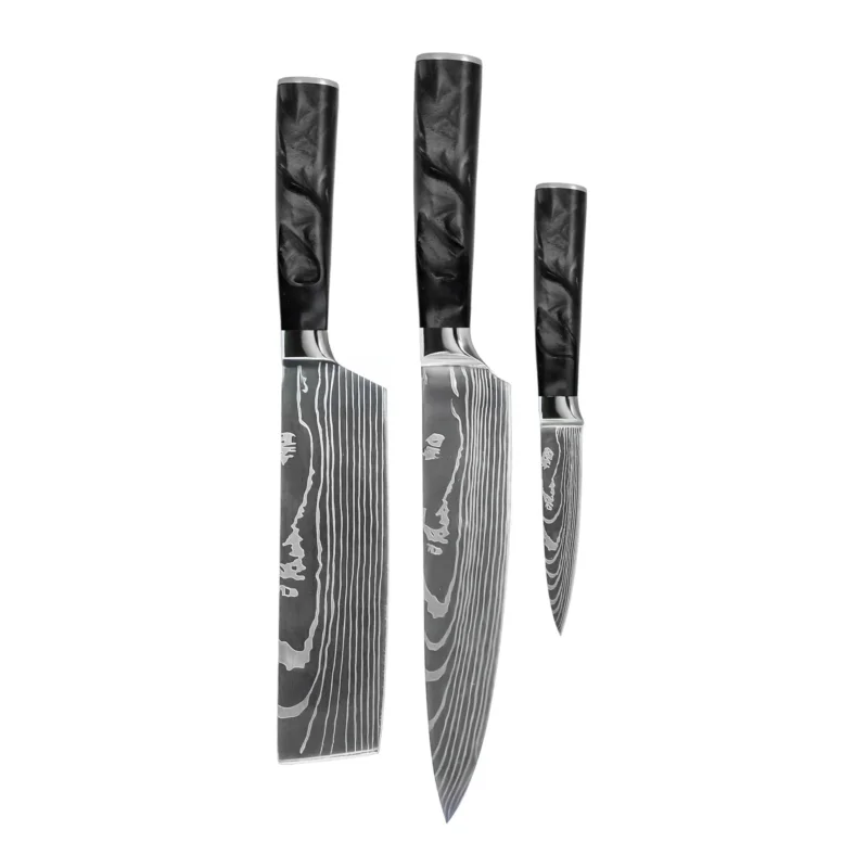 Shinrai Knives - Damascus Print Epoxy Onyx 3-delige Messenset - Koksmes + Nakiri + Schilmes Messenset Shinrai Knives