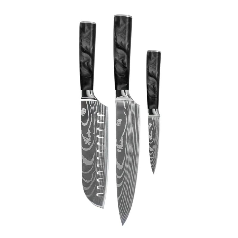 Shinrai Knives - Damascus Print Epoxy Onyx 3-delige Messenset - Koksmes + Santoku + Schilmes Messenset Shinrai Knives