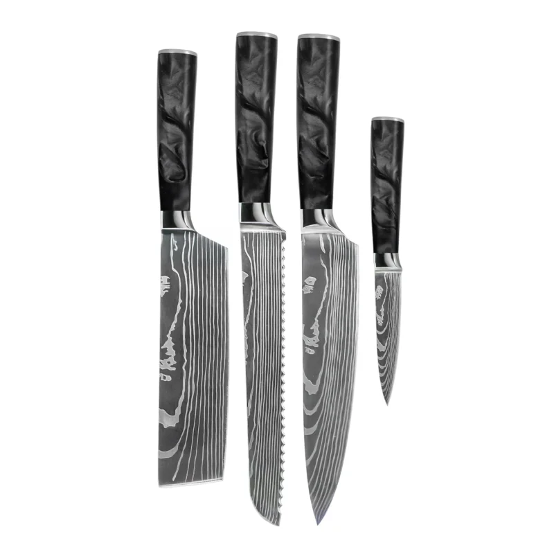 Shinrai Knives - Damascus Print Epoxy Onyx 4-delige Messenset - Koksmes + Broodmes + Nakiri + Schilmes Messenset Shinrai Knives