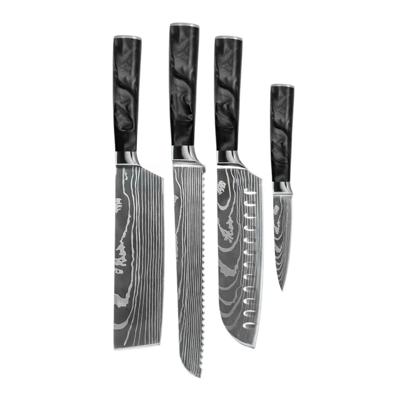 Shinrai Knives - Damascus Print Epoxy Onyx 4-delige Messenset - Santoku + Broodmes + Nakiri + Schilmes Messenset Shinrai Knives