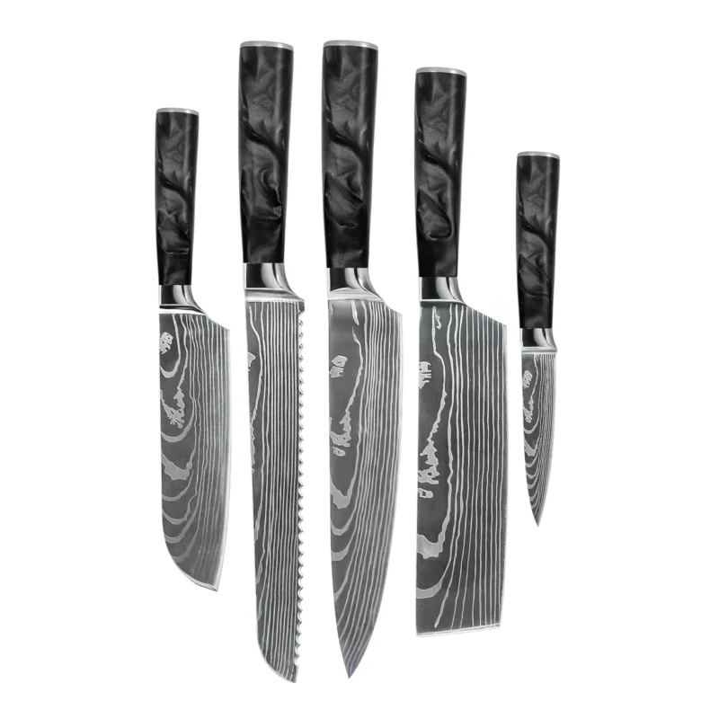 Shinrai Knives - Damascus Print Epoxy Onyx 5-delige Messenset - Koksmes + Broodmes + Nakiri + Kleine Santoku + Schilmes Messenset Shinrai Knives