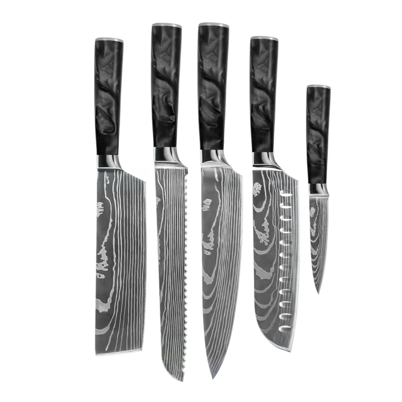 Shinrai Knives - Damascus Print Epoxy Onyx 5-delige Messenset - Koksmes + Broodmes + Nakiri + Santoku + Schilmes Messenset Shinrai Knives