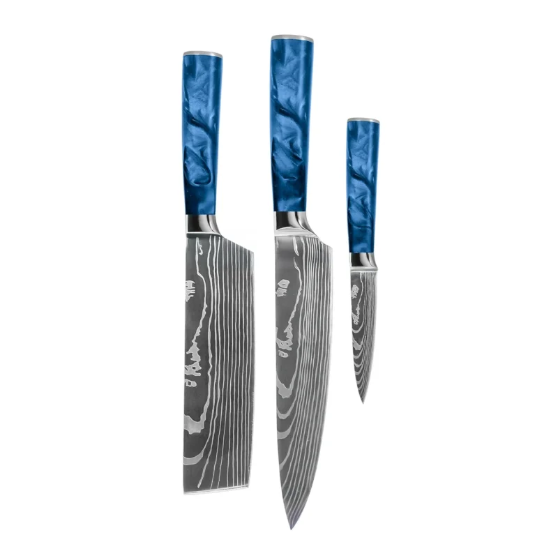 Shinrai Knives - Damascus Print Epoxy Sapphire 3-delige Messenset - Koksmes + Nakiri + Schilmes Messenset Shinrai Knives