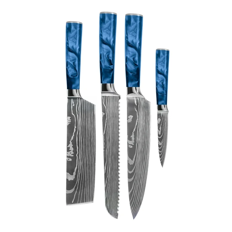 Shinrai Knives - Damascus Print Epoxy Sapphire 4-delige Messenset - Koksmes + Broodmes + Nakiri + Schilmes Messenset Shinrai Knives