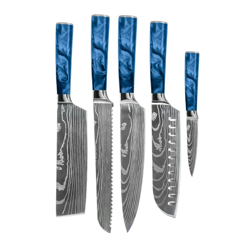 Shinrai Knives - Damascus Print Epoxy Sapphire 5-delige Messenset - Koksmes + Broodmes + Nakiri + Santoku + Schilmes Messenset Shinrai Knives