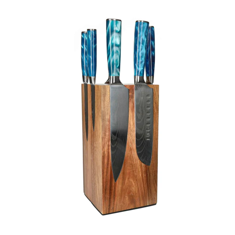 Shinrai Knives - Damascus Print Sapphire 6-delige Messenset + Messenblok Rotate Messenset met blok Shinrai Knives