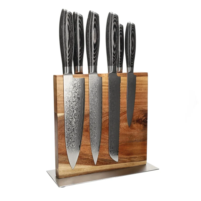 Shinrai Knives - Damast Pakka Wood 6-delige Messenset + Messenblok Cito dubbelzijdig Messenset met blok Shinrai Knives