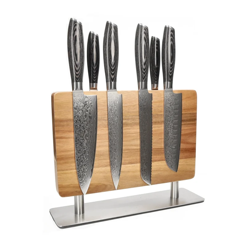 Shinrai Knives - Damast Pakka Wood 6-delige Messenset + Messenblok Stans Messenset met blok Shinrai Knives