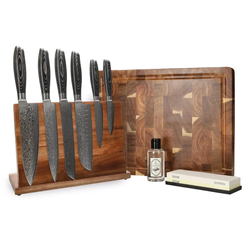 Shinrai Knives - Damast Pakka Wood Mega Bundel - All you need Messenset met blok, snijplank en slijpsteen Shinrai Knives