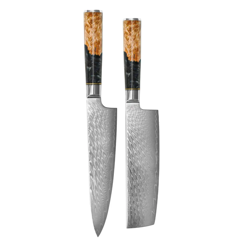 Shinrai Knives - Epoxy Onyx 2-delige Damascus Messenset - Koksmes + Nakiri Messenset Shinrai Knives