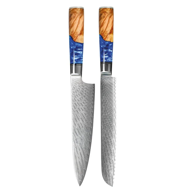 Shinrai Knives - Epoxy Sapphire 2-delige Damascus Messenset - Koksmes + Broodmes Messenset Shinrai Knives