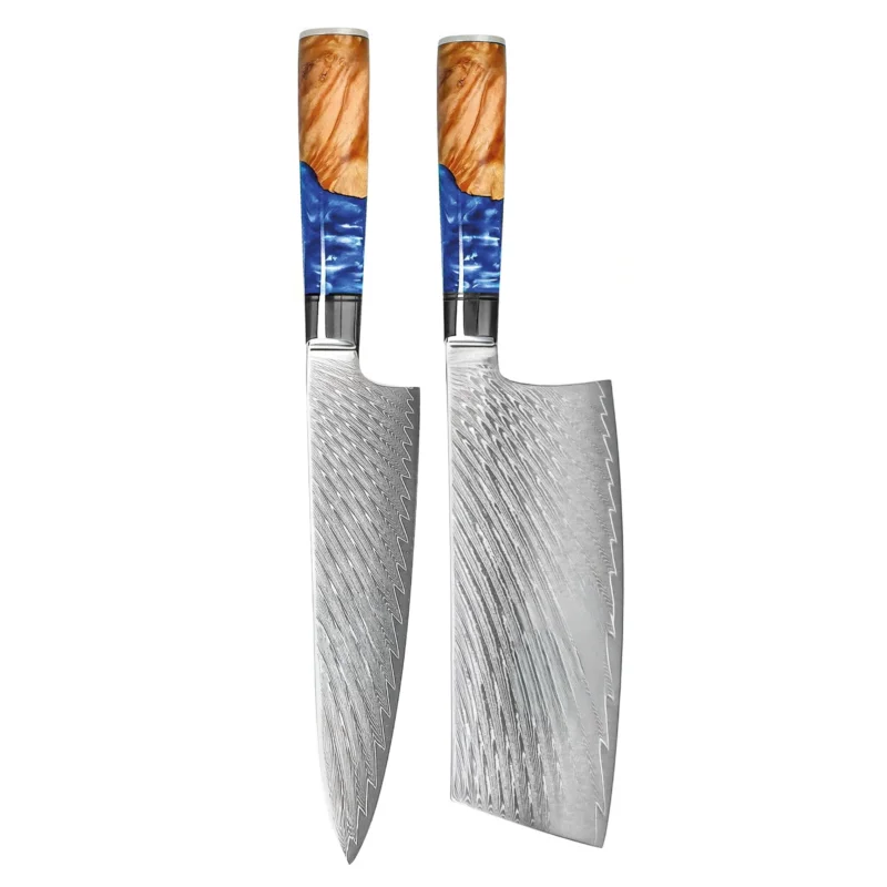 Shinrai Knives - Epoxy Sapphire 2-delige Damascus Messenset - Koksmes + Nakiri Messenset Shinrai Knives