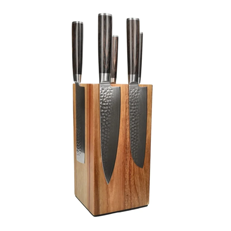 Shinrai Knives - Hammered Damast BR 5-delige Messenset + Messenblok Rotate Messenset met blok Shinrai Knives