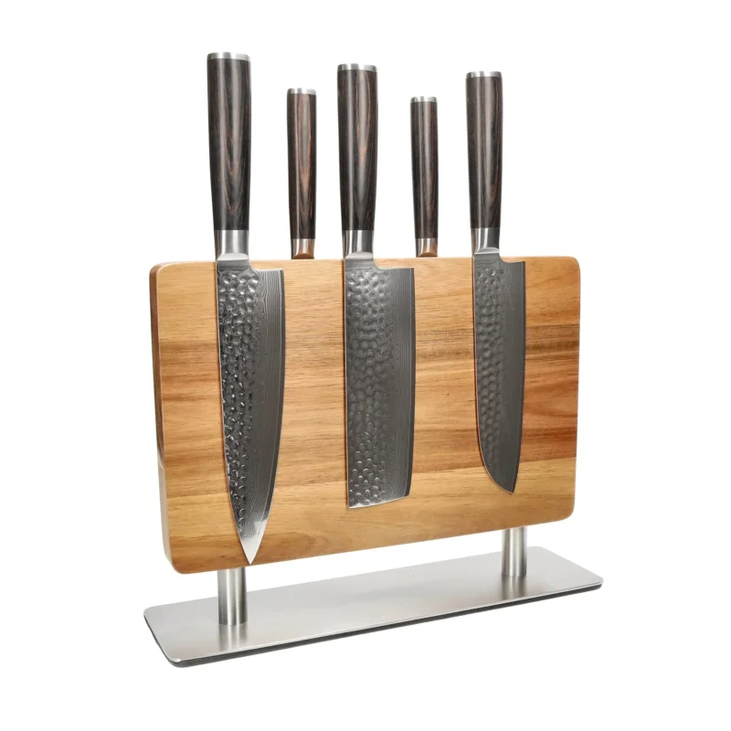 Shinrai Knives - Hammered Damast BR 5-delige Messenset + Messenblok Stans Messenset met blok Shinrai Knives