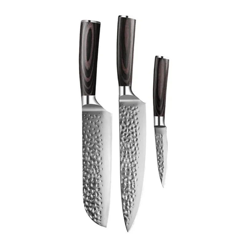 Shinrai Knives - Hammered RVS 3-delige Messenset - Koksmes + Santoku + Schilmes Messenset Shinrai Knives