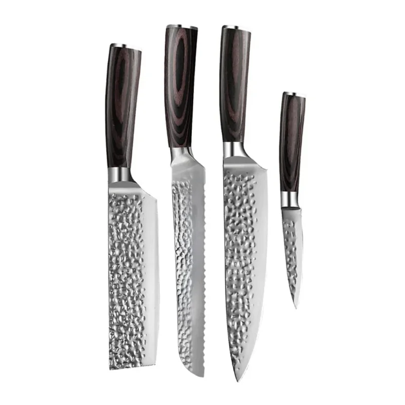 Shinrai Knives - Hammered RVS 4-delige Messenset - Koksmes + Broodmes + Nakiri + Schilmes Messenset Shinrai Knives