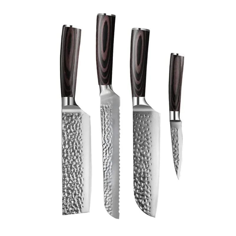 Shinrai Knives - Hammered RVS 4-delige Messenset - Santoku + Broodmes + Nakiri + Schilmes Messenset Shinrai Knives