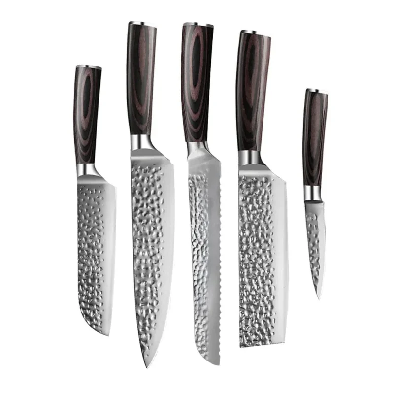 Shinrai Knives - Hammered RVS 5-delige Messenset - Koksmes + Broodmes + Nakiri + Kleine Santoku + Schilmes Messenset Shinrai Knives