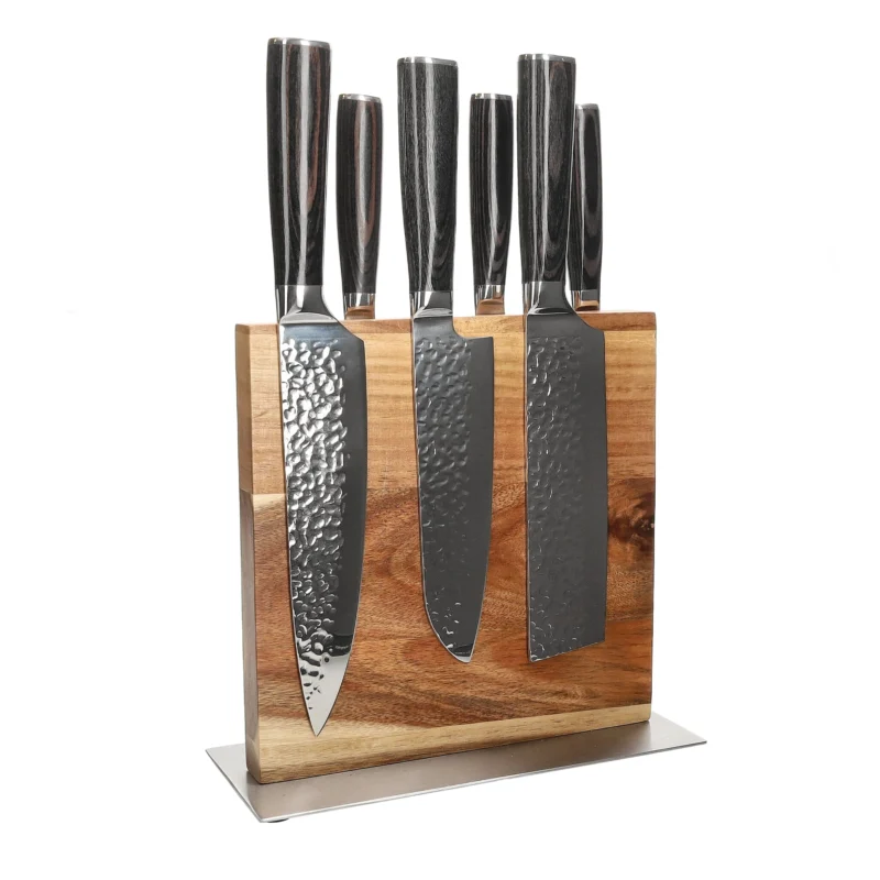 Shinrai Knives - Hammered RVS 6-delige Messenset + Messenblok Cito dubbelzijdig Messenset met blok Shinrai Knives