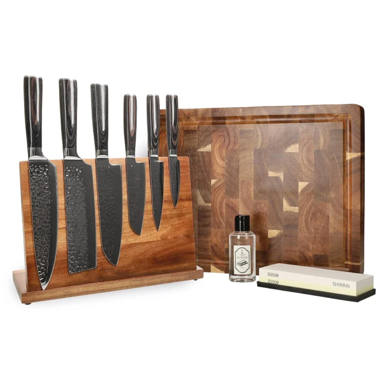 Shinrai Knives - Hammered RVS Mega Bundel - All you need Messenset met blok, snijplank en slijpsteen Shinrai Knives