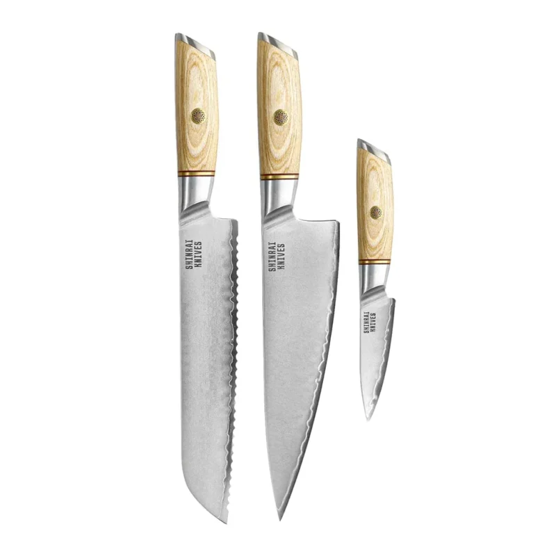 Shinrai Knives - Hikari Damascus 3-delige set - Koksmes + Broodmes + Schilmes Messenset Shinrai Knives
