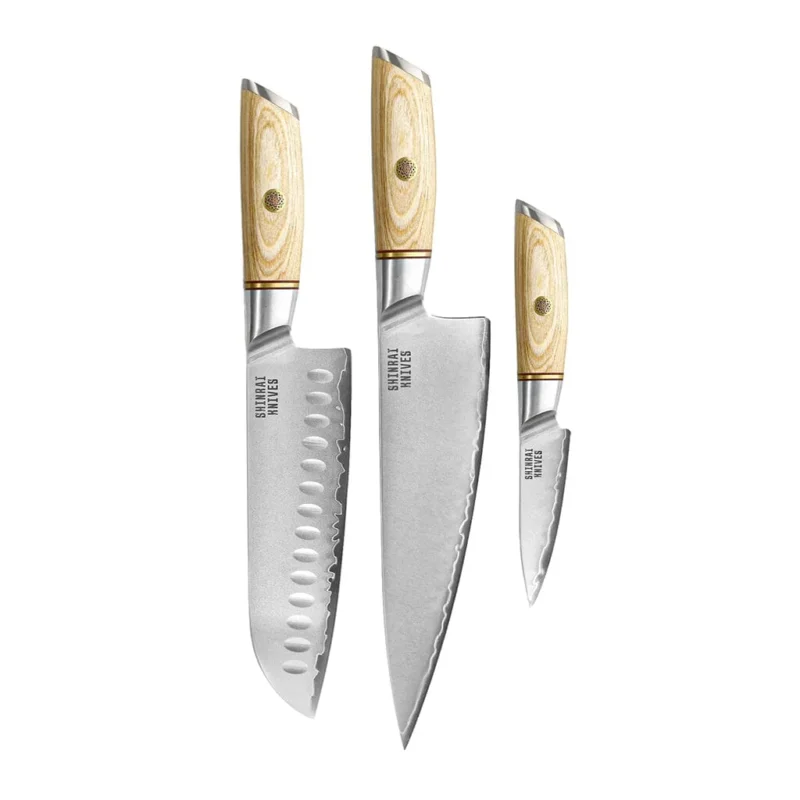 Shinrai Knives - Hikari Damascus 3-delige set - Koksmes + Santoku + Schilmes Messenset Shinrai Knives