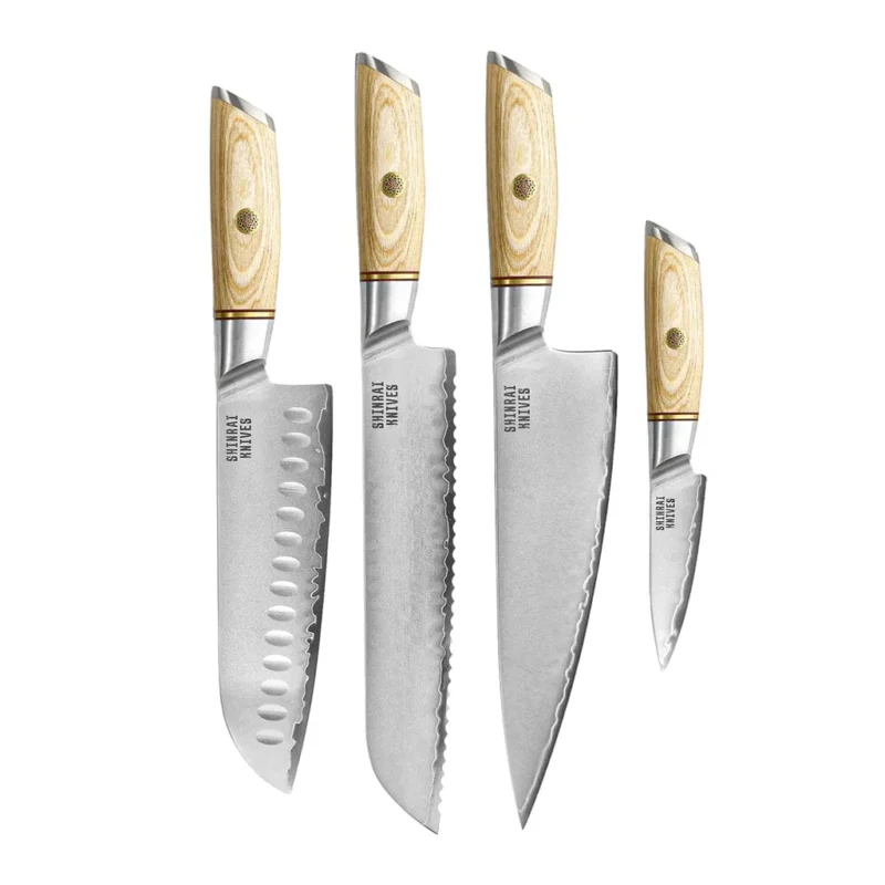 Shinrai Knives - Hikari Damascus 4-delige set - Koksmes + Santoku + Broodmes + Schilmes Messenset Shinrai Knives