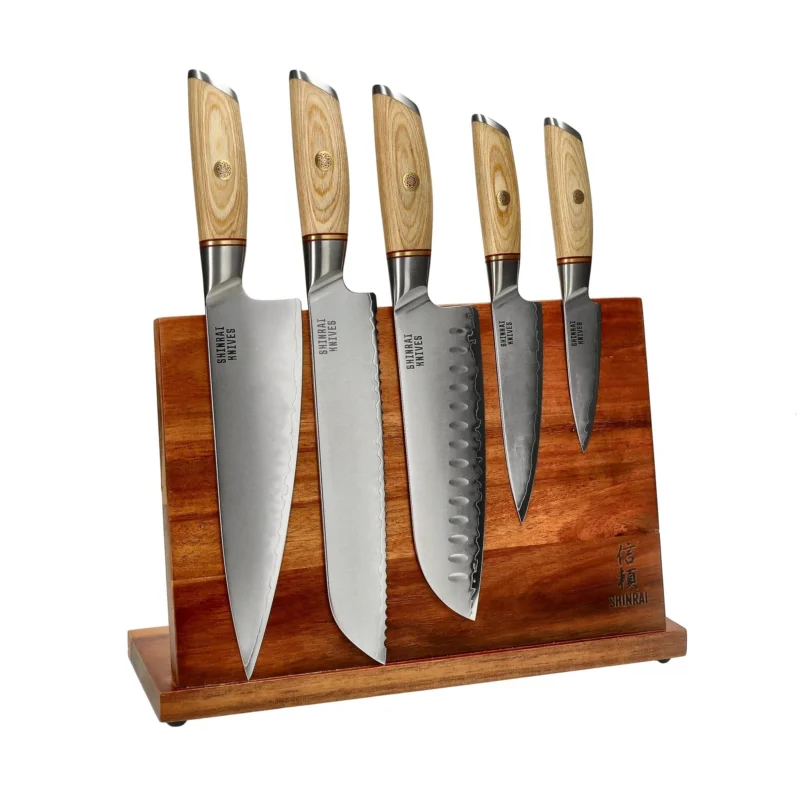 Shinrai Knives - Hikari Damascus 5-delige messenset + Messenblok enkelzijdig Messenset met blok Shinrai Knives