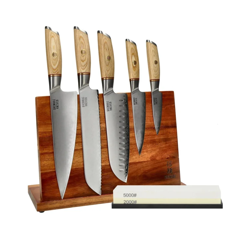 Shinrai Knives - Hikari Damascus 5-delige messenset + Messenblok + Slijpsteen Messenset met blok en slijpsteen Shinrai Knives