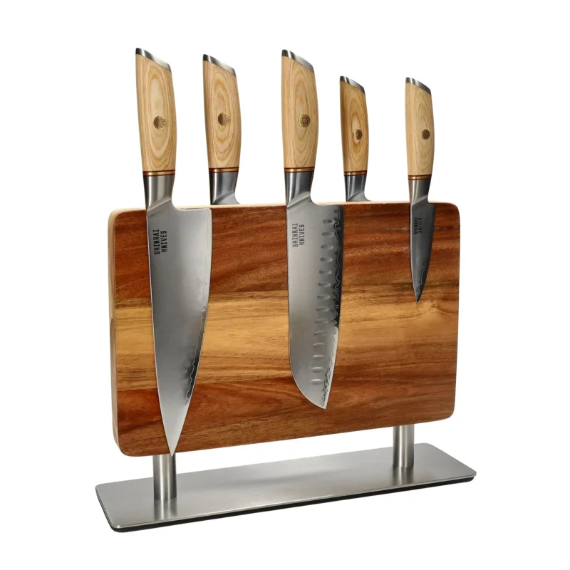 Shinrai Knives - Hikari Damascus 5-delige messenset + Messenblok Stans Messenset met blok Shinrai Knives