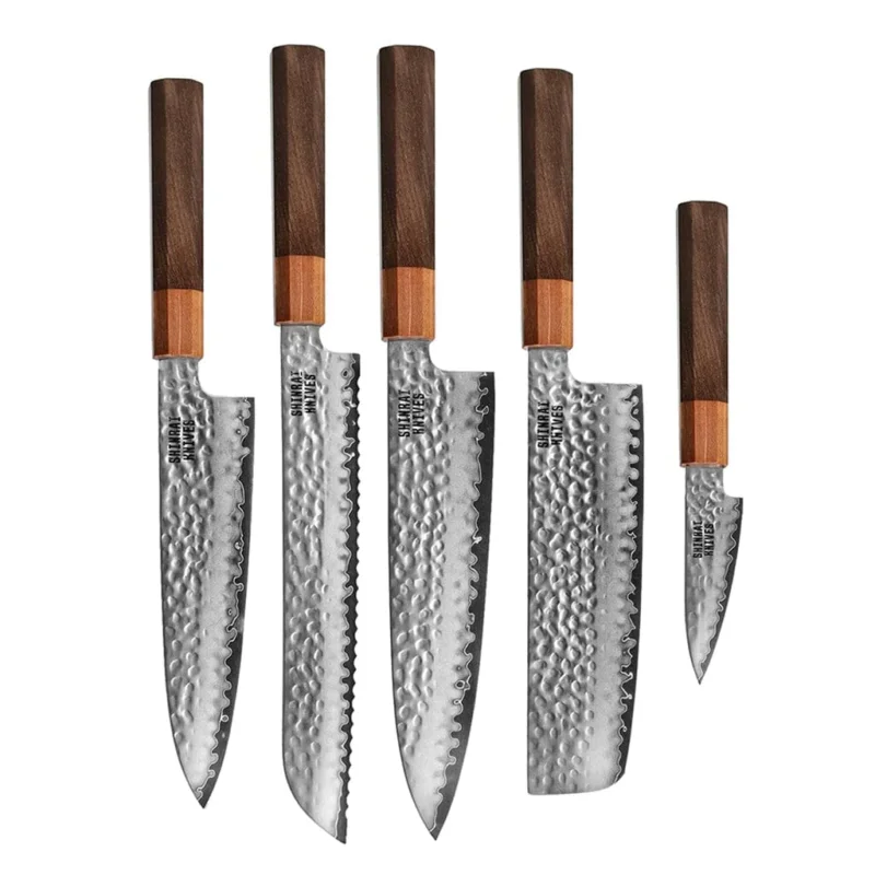 Shinrai Knives - Kigami Exclusive Damascus 5-delige set - Koksmes + Broodmes + Nakiri + Santoku + Schilmes Messenset Shinrai Knives