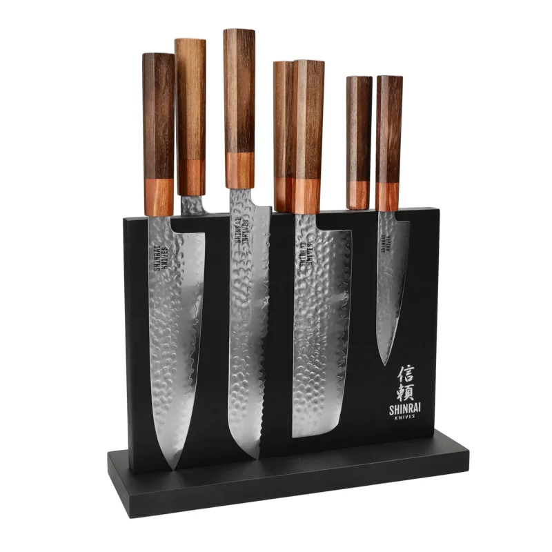 Shinrai Knives - Kigami Exclusive Damascus 7-delige messenset + Messenblok Dubbelzijdig zwart Messenset met blok Shinrai Knives