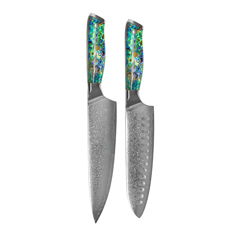 Shinrai Knives - Parelmoer Jewels 2-delige Damascus Messenset - Koksmes + Santoku mes Messenset Shinrai Knives