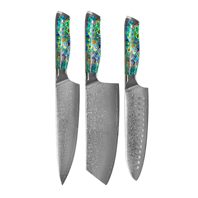 Shinrai Knives - Parelmoer Jewels 3-delige Damascus Messenset - Koksmes + Nakiri + Santoku Messenset Shinrai Knives