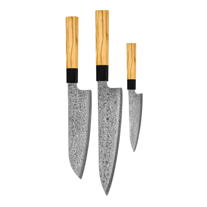 Shinrai Knives - Takumi Kaza 3-delige Damascus Messenset - Koksmes + Santoku + Schilmes Messenset Shinrai Knives