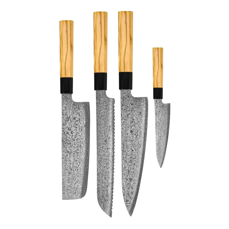 Shinrai Knives - Takumi Kaza 4-delige Damascus Messenset - Koksmes + Broodmes + Nakiri + Schilmes Messenset Shinrai Knives